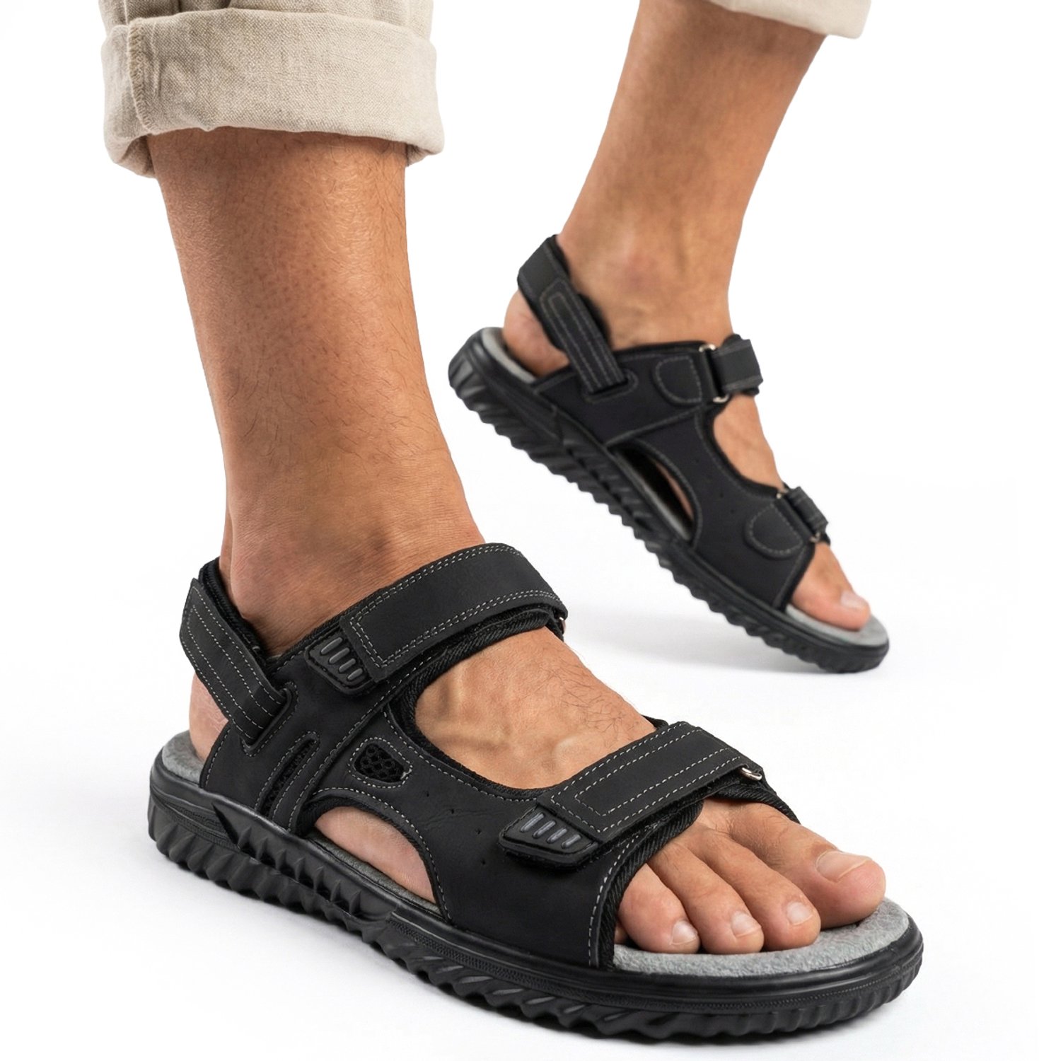 Wojtyłko Heren Sandalen Leer Lichtgewicht Klittenband Zwart