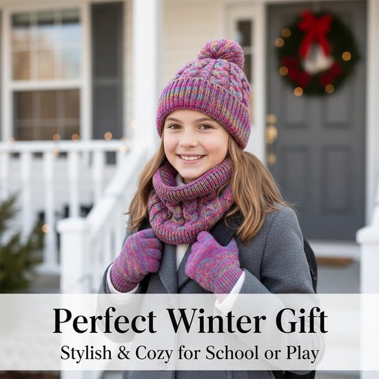 Winter Warm Fashion 3 stuks for kids- Muts + Nekwarmer + Handschoenen - Dikke gebreide pompon, muts, losse handschoenen met touchscreen, sjaalset — cadeau in Mode & Accessoires - foto 5