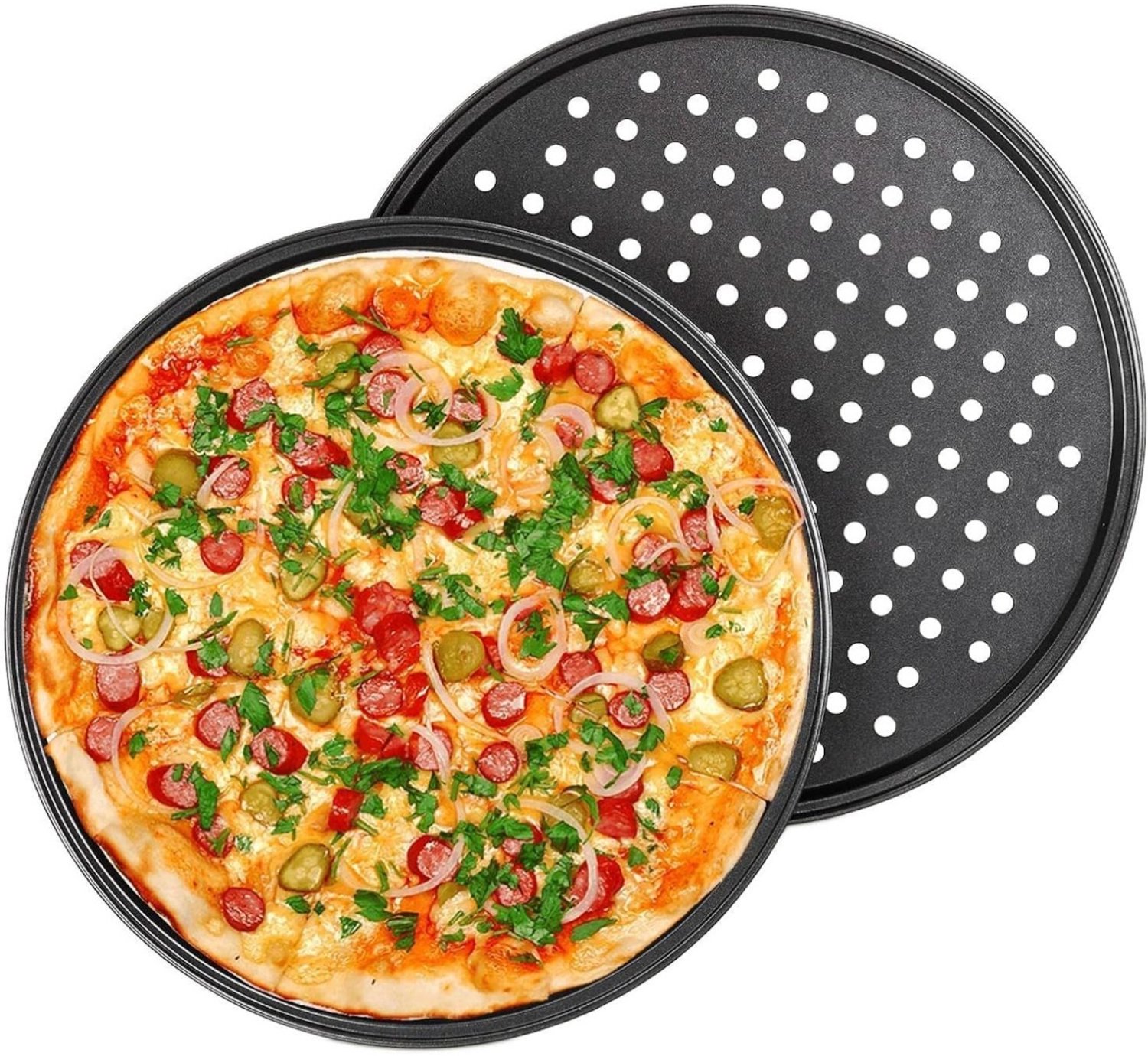 SSTRWGOOD Pizzapan en geperforeerde bakplaat – 2-delige set – Diameter 32 cm – Rond – Koolstofstaal – Pizzapan met antiaanbaklaag – Geschikt voor pizza en Flammkuchen – Hittebestendig tot 230°C – Zwart