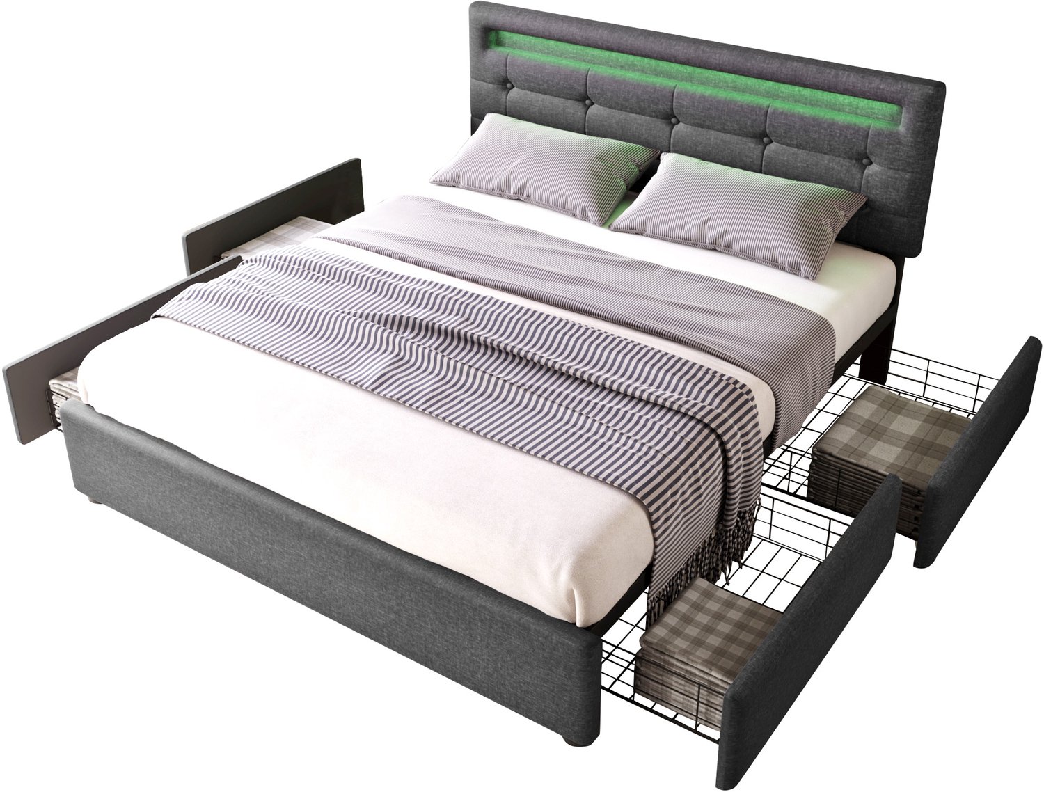 Gestoffeerd Bed 140x200 - Bedframe Met LED-Verlichting En Vier Lades - Verstelbaar Hoofdbord, Houten Lattenbodem - Grijs