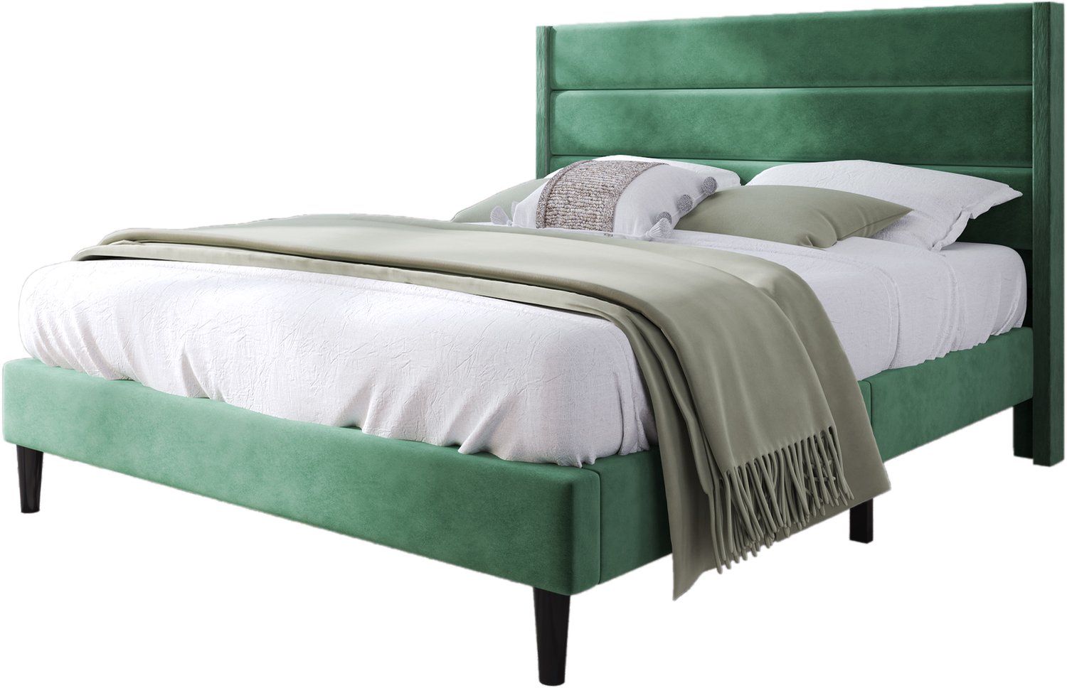 Gestoffeerd Bed 140x200 cm - Bedframe Met Lattenbodem En Gepolsterd Hoofdbord - Donkergroen Fluwelen Bed Met Vrije Ruimte Onder Het Bed