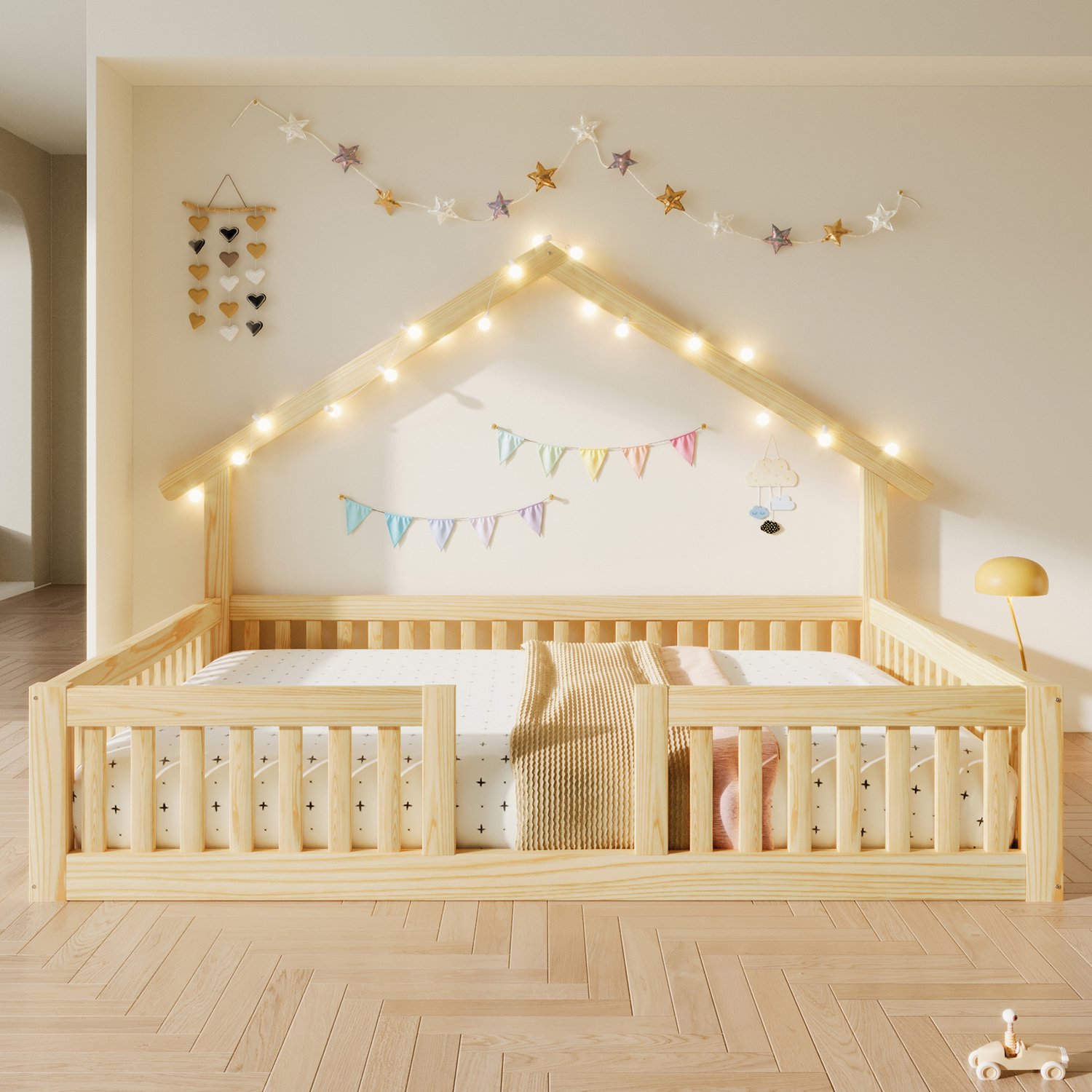 CHICFURN Huisbed 140x200 cm - LED-lichtslinger - Uitvalbeveiliging - Naturel