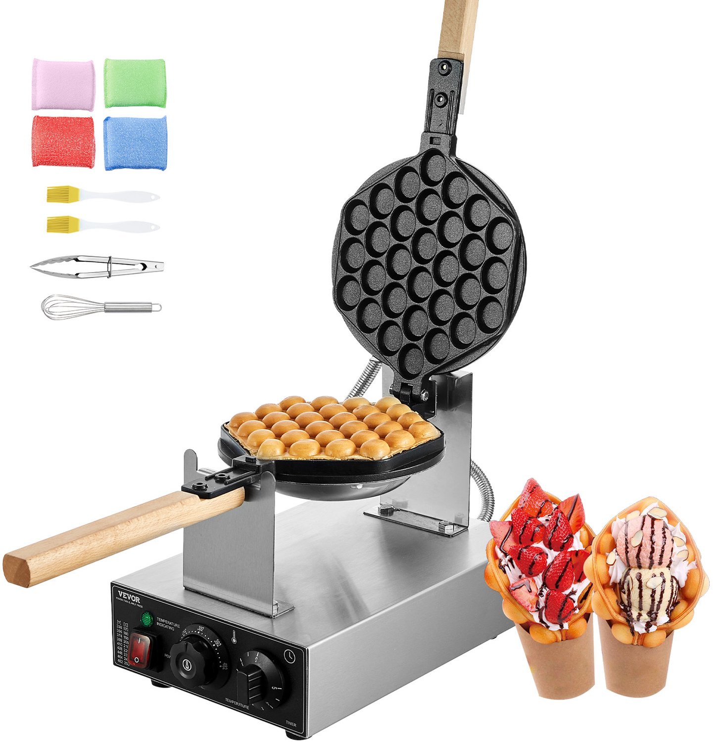 Commerciële Bubble Wafelijzer - 1400W - RVS Antiaanbaklaag - 180 Graden Draaibaar - Dubbelpan Houten Handvat - Wafelmaker
