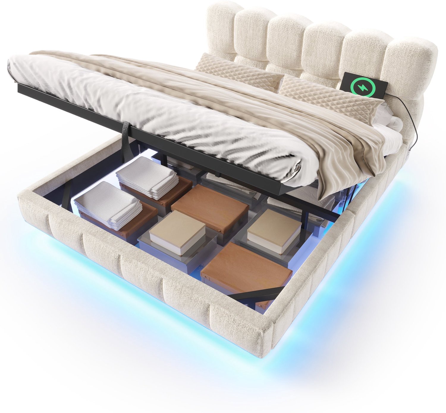Merax Gestoffeerd Bed 140 x 200 cm - Bed Met Opbergruimte - LED Verlichting - Laadaansluitingen - Zwevende Uitstraling - Beige