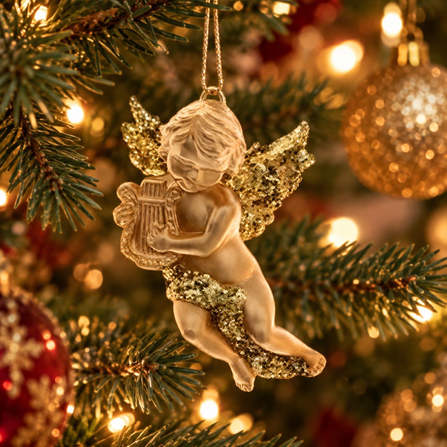 Decoris engel met harp - 2x - goud - kunststof - 10 x 6 cm - kerstversiering - hangdecoratie Goudkleurig