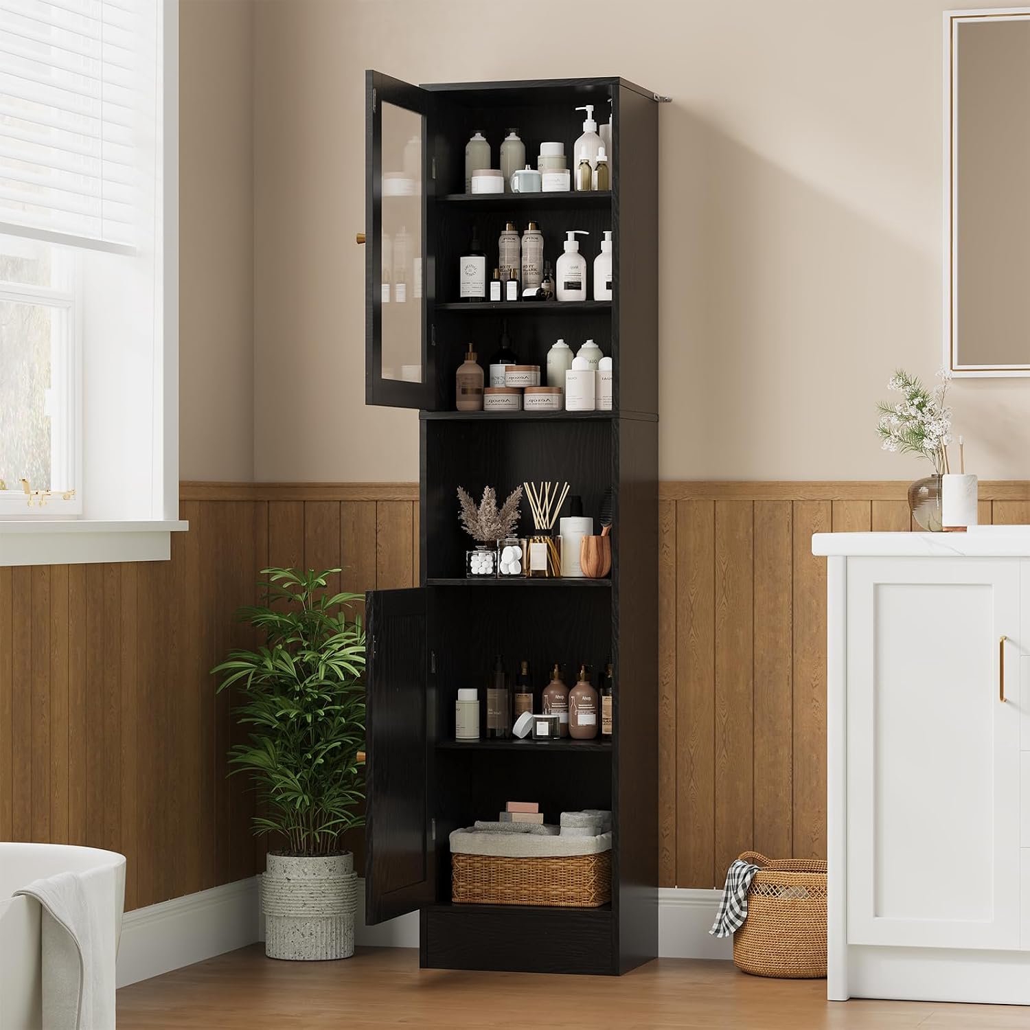 Zwart staande opbergkast 40×30×170 cm - smalle keukenkast en badkamerkast - met glasdeur en gesloten lade voor opbergruimte