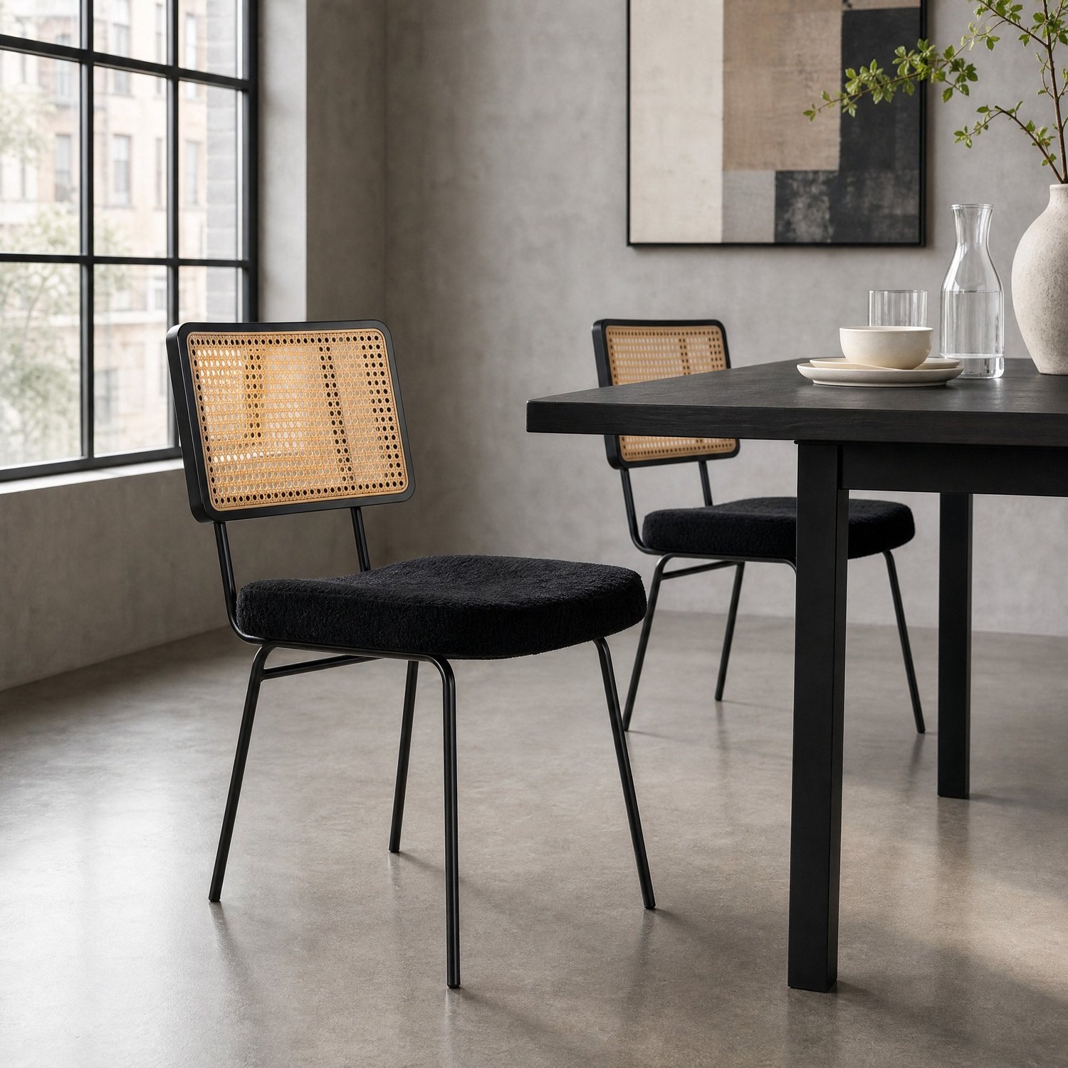 WUVRIE Set van 2 eetkamerstoelen 47x58x82,3 cm - Chenille zitting en rotanlook rugleuning - Zwart
