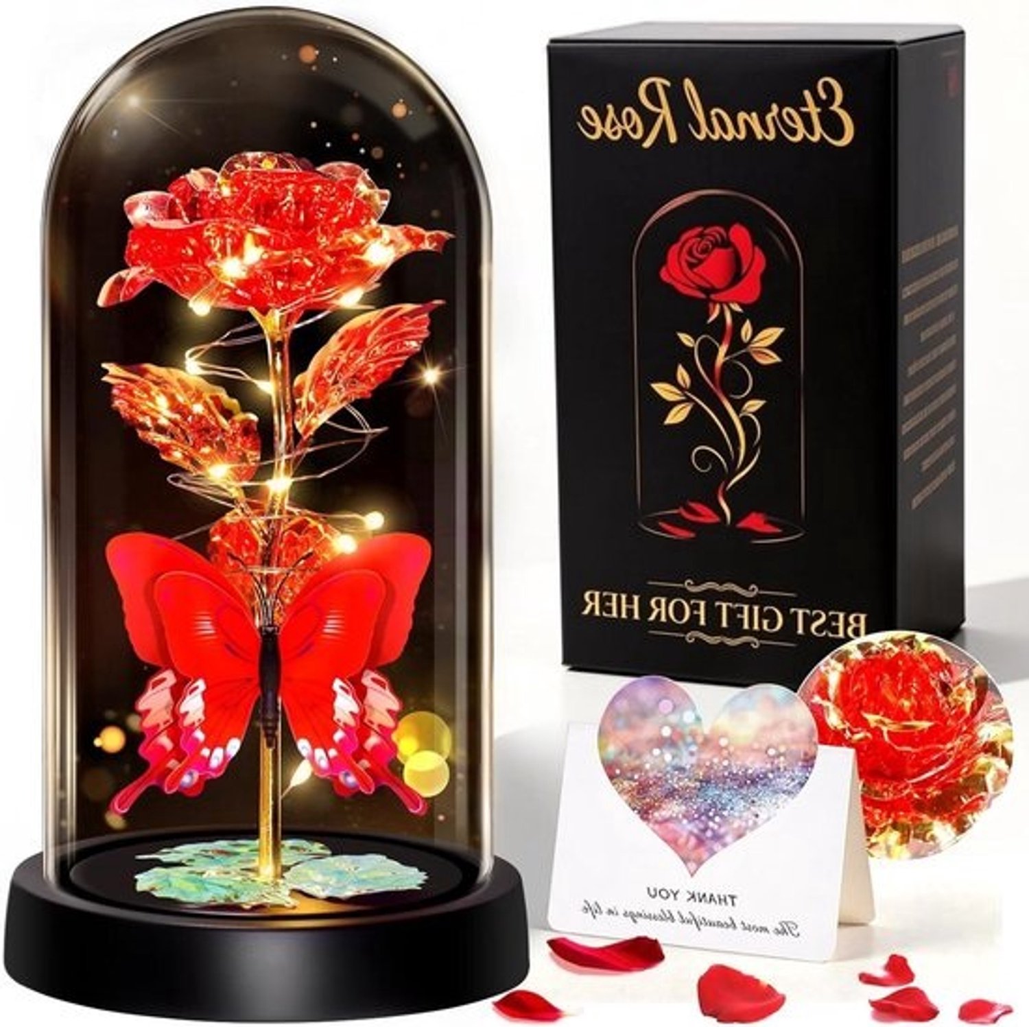 Eeuwige roos met LED - Galaxyroos onder glas - Huisdecoratie - Gecoate natuurlijke bloem - 21.5 cm hoog