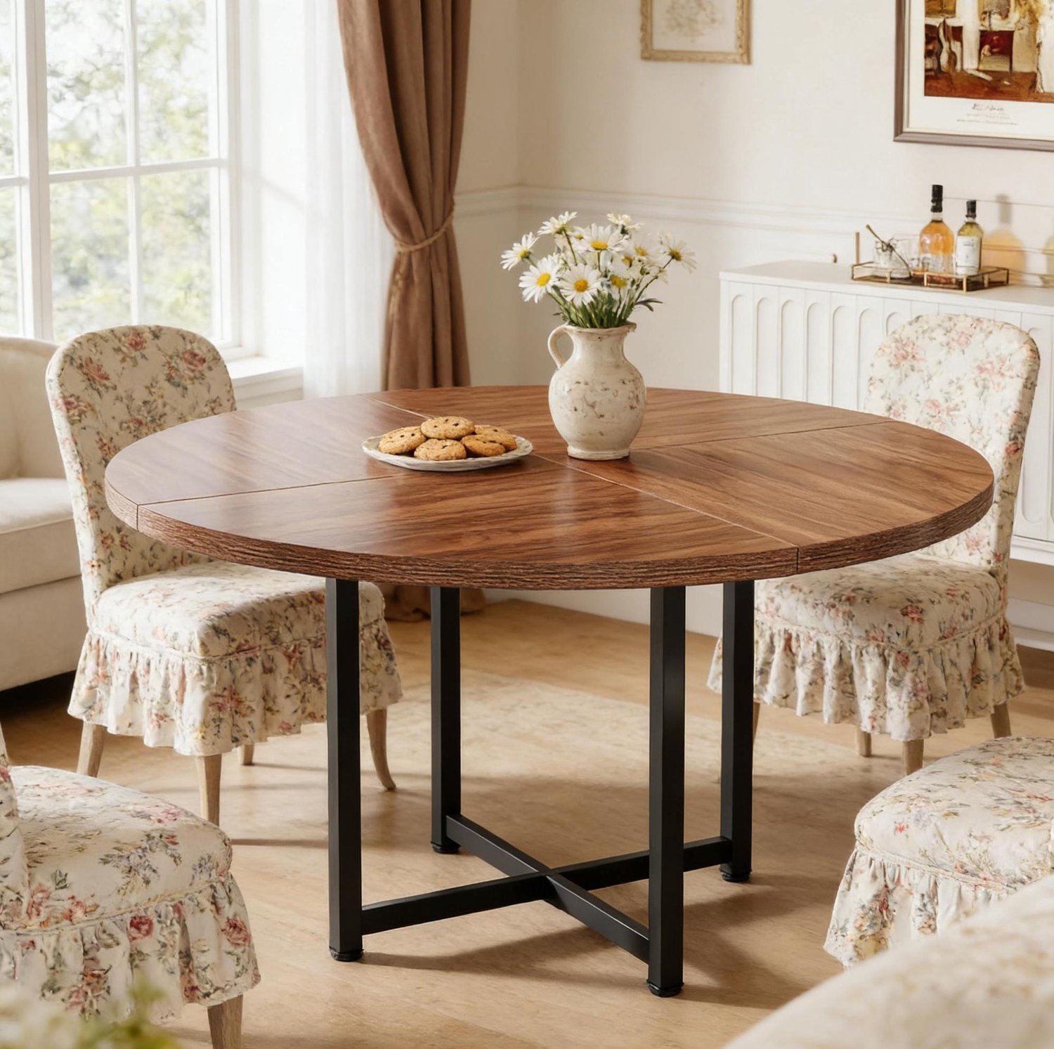WUVRIE Ronde eettafel Ø 120 cm - Houten blad en zwart metalen onderstel - Zwart/bruin