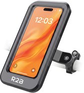 Zwarte R2B telefoonhouder met stuurbevestiging en telefoon op een wit achtergrond.