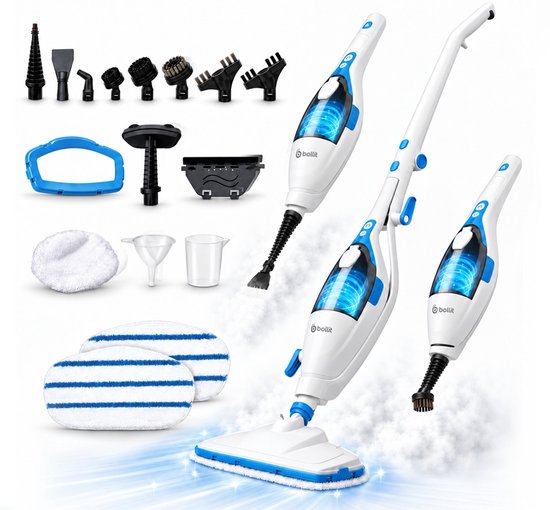 Bollit 16-in-1 stoomreiniger in wit en blauw, inclusief diverse opzetstukken, reinigingspads en maatbeker.