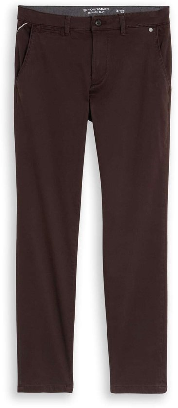 Bruine chino broek met Tom Tailor logo en maat label 31/32. Vooraanzicht.