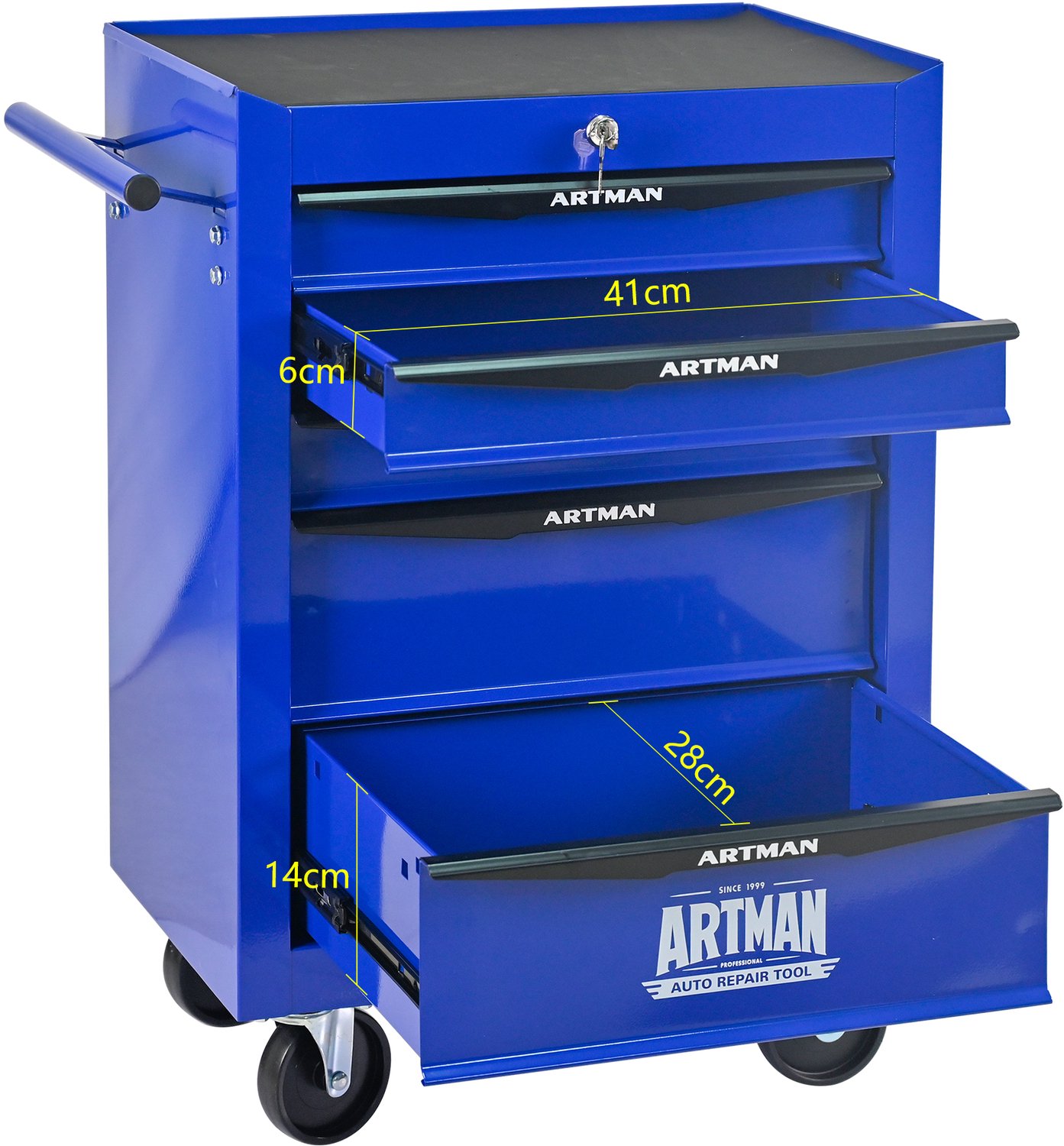 Gereedschapswagen Met 5 Laden - Afsluitbaar En Verrijdbaar - 4 Zwenkwielen En Zijhandgreep - Staal Met Poedercoating - Zwart-Blauw