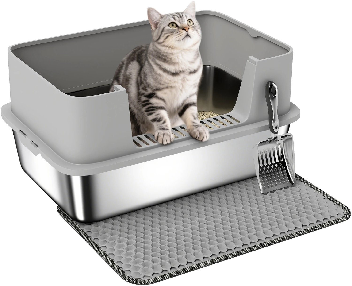 Nutrella - Kattenbak - Anti-Lek Systeem - Hygiënisch - Hoge zijwanden - 60,2 x 40,2 x 29,5 cm - RVS - Zilver / Grijs