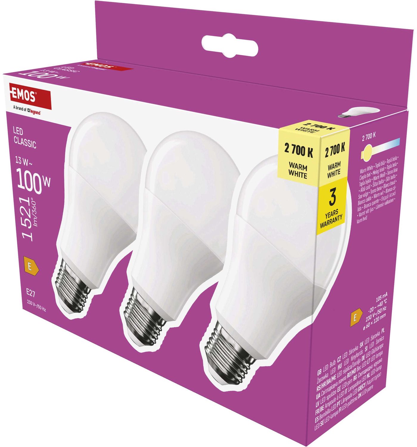 EMOS LED-lamp Classic A60 / E27 / 13 W (100 W) / 1521 lm / warm wit / 3 stuks, ZQ5E61.3