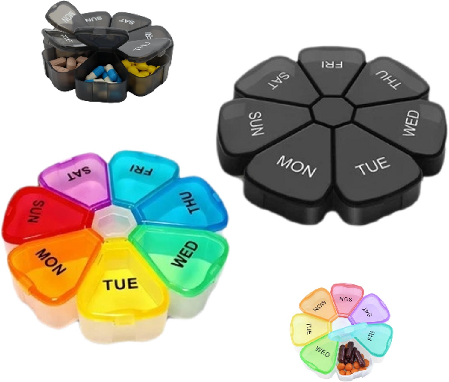 Set van 2 – Pillendoosje in bloemblaadjesvorm – Medicijndoos voor 7 dagen – Draagbare pillenhouder – 11 x 2,4 cm – Kleurrijk & zwart – Duurzaam – Geschikt voor vitaminen, visoliecapsules, tabletten, gummies en diverse supplementen
