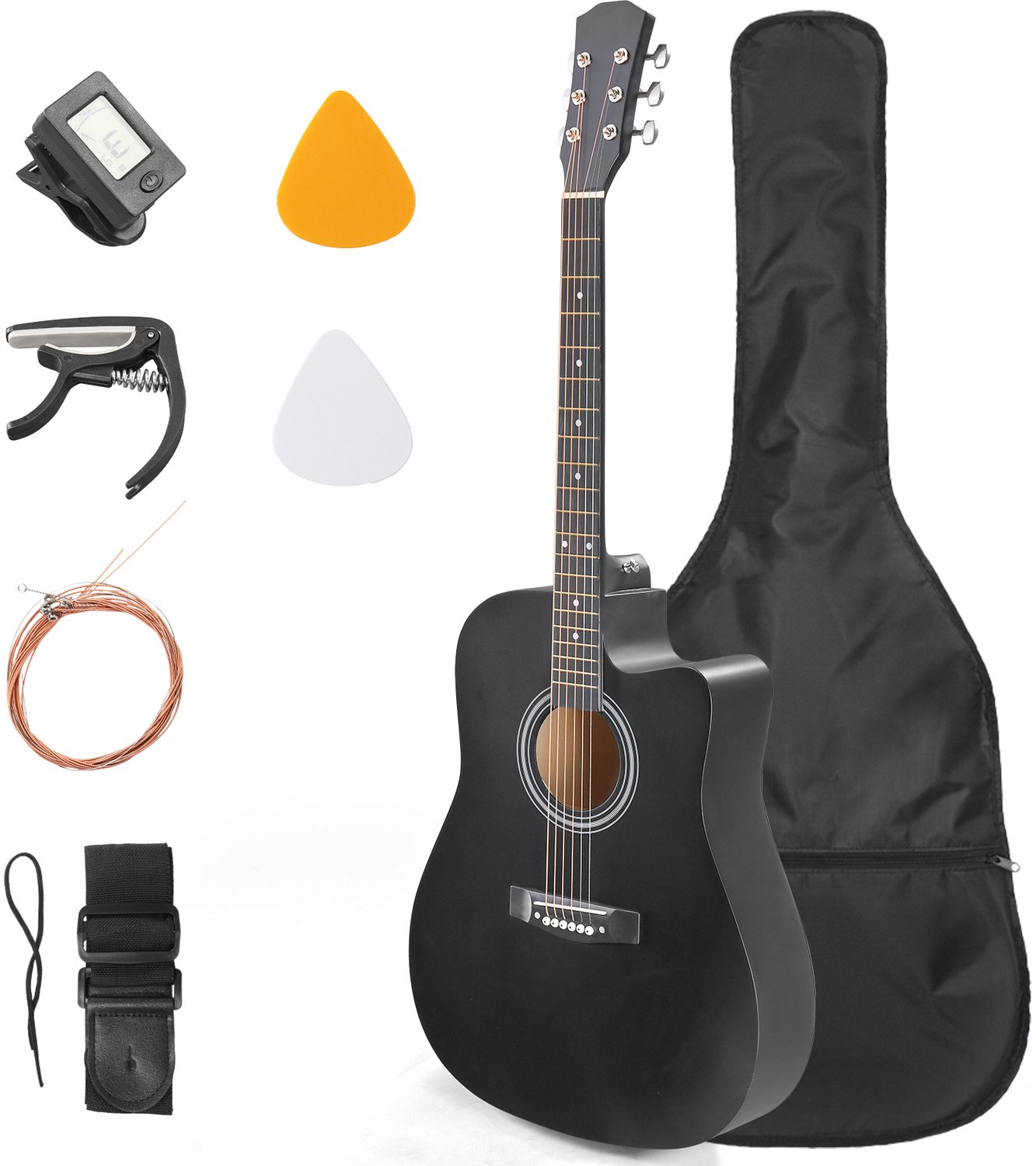 Folk-gitaar 41 inch van massief hout voor beginners - Bovenblad sapelli, Precisiestemmechanieken - Zwart