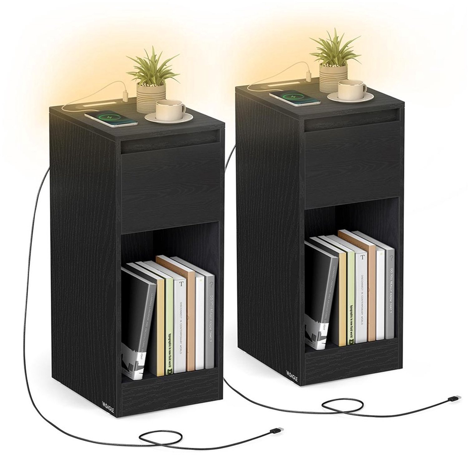 Homesy Nachtkastje set van 2 - Slank bijzettafeltje met LED-verlichting - USB-A & USB-C poort - 1 lade & open vak - Voor slaapkamer & woonkamer - 40 x 30 x 61 cm - Ebbenhout zwart