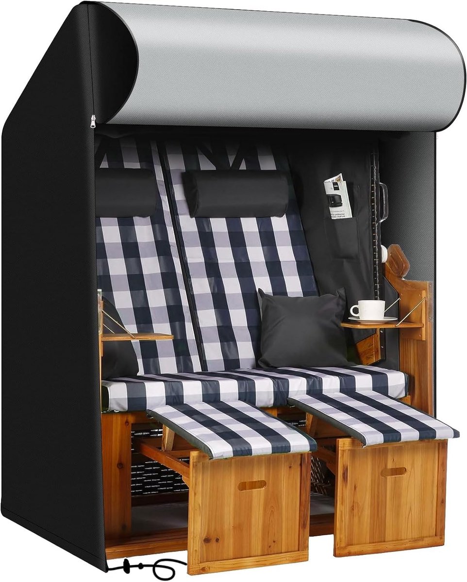Beschermhoes voor strandstoel, 600D Oxford-weefsel, 125 x 90 x 165/130 cm, waterdicht, scheurvast, UV- en waterafstotend, beschermhoes voor strandstoel met dakvlechtwerk, zwart2,
