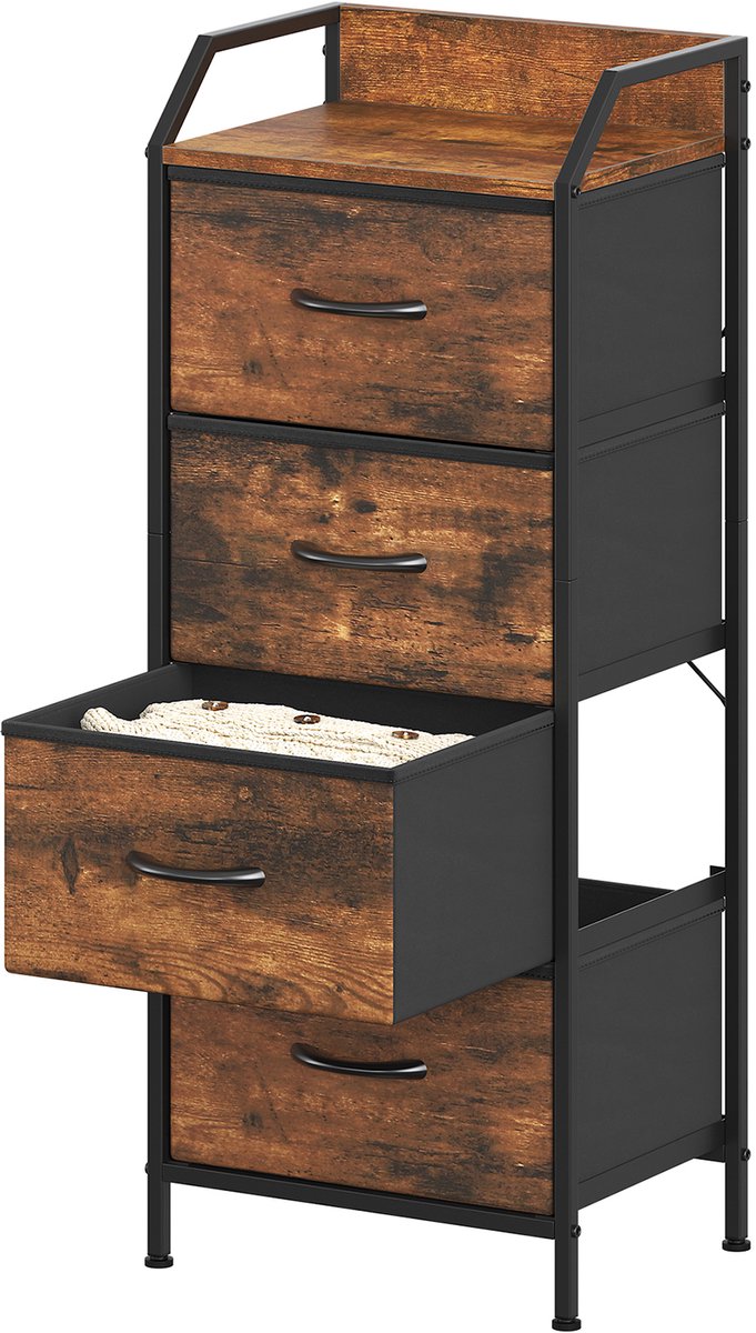 Smalle industriële ladekast - 4 stoffen lades - Rustieke houtlook en zwart - MDF-blad met opstaande rand - Slaapkamer en hal - 43 x 30 x 97,5 cm