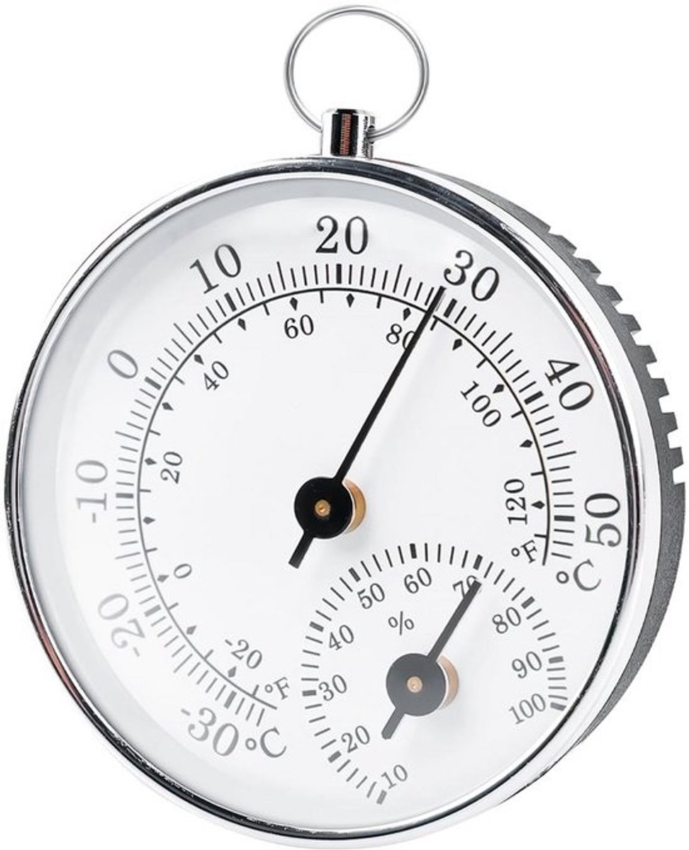 Analoge Binnen Buiten Thermometer en Hygrometer - Zilveren Weerstation met Ophanghaak (10 cm)