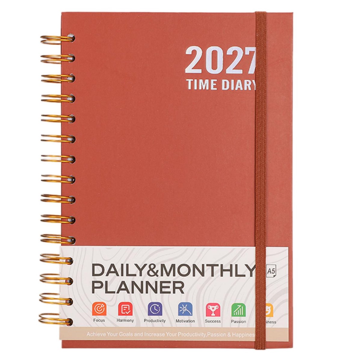 2027 Agenda – Dagelijkse & Maandelijkse Planner – Spiraalbinding met Elastische Band – Engelstalige Agenda & Notitieboek – Voor Werk, Studie & Persoonlijke Planning – A5 – 336 Pagina's – Roodbruin – 1 Stuk