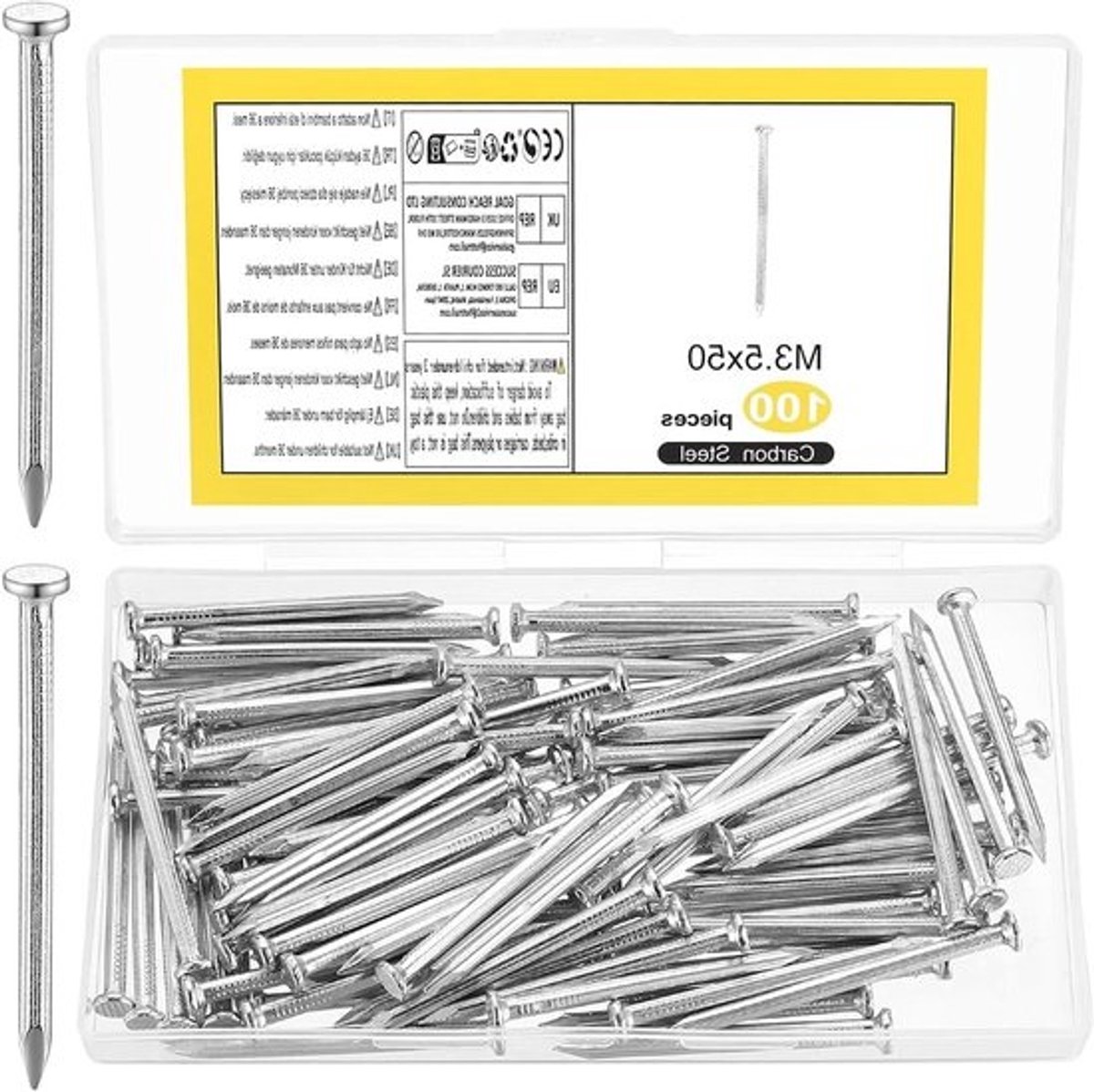 Assortiment van 100 Betonnen Spijkers voor Hangen van Foto's en Lijsten in Staal (50mm, Zilver) - Ideaal voor Beton, Baksteen en Hout