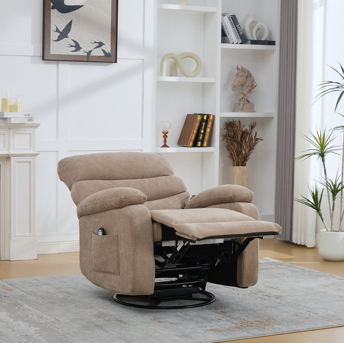 MEUNIQ Elektrische massage- en relaxfauteuil 360° draaibaar met warmtefunctie, handmatig verstelbare rugleuning en voetensteun, zijvakken, taupe