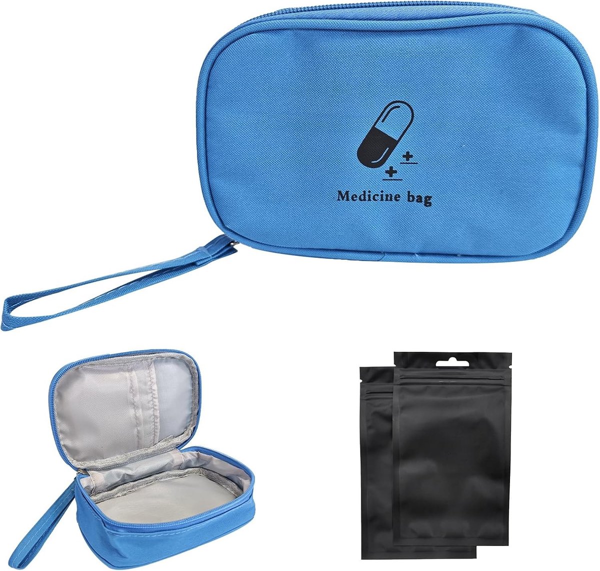 Compacte Eerste Hulp Tas - Draagbare Pillen Organizer, Lege Medicijncontainer met Drie Vakken voor Reizen, Blauw, Modern Ontwerp, Ideaal voor Noodhulp en Medicijnen