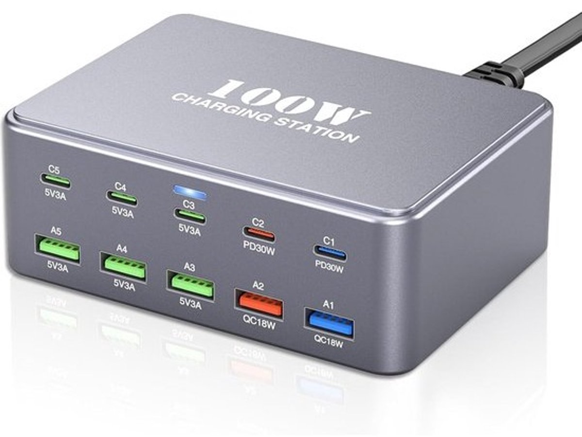 100W USB-C Laadstation met 8 Poorten - Supersnel Opladen voor Telefoon & Laptop