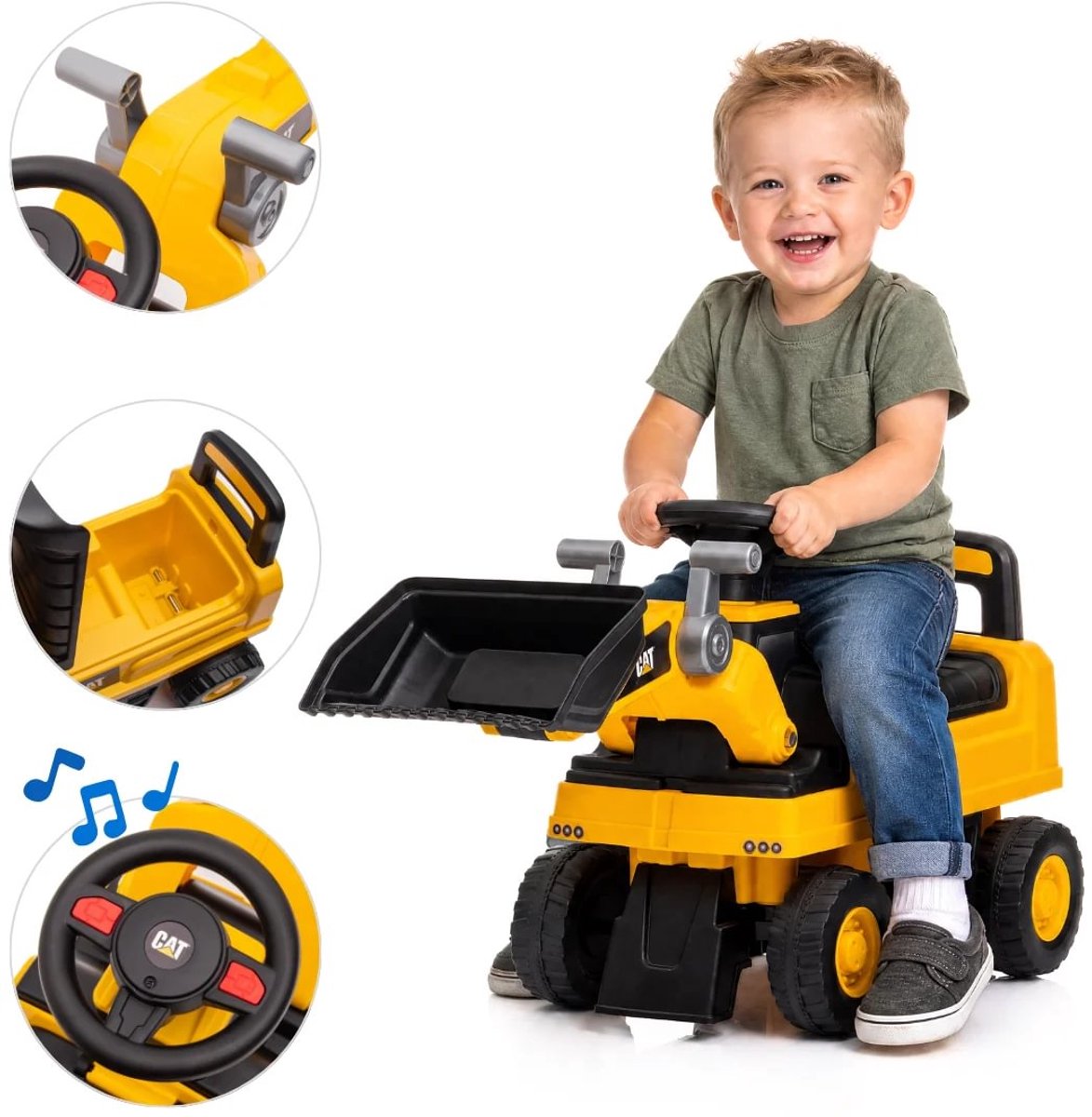 CAT Wiellader Loopauto 1 tot 3 jaar – Officieel Gelicentieerde Loopauto met Werkende Graafarm, Toeter & Opbergvak – Buitenspeelgoed Peuter met Blokstandaard & Cadeaubox – Geel