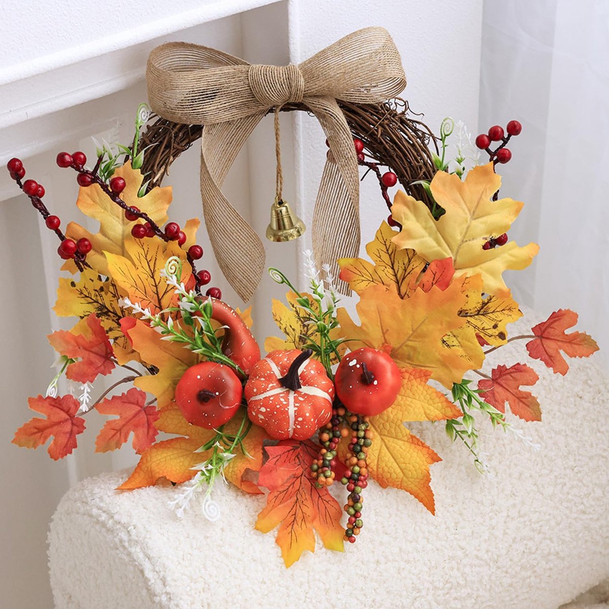 Herfstkrans - Krans Bloemen - Deur Decoratie - Kerstkrans - Kunstbloemen - Pompoenen Decoratie - Kunstbloemen Krans - Herfst Decor - 35cm - voor de voordeur, herfstdecoratie, veranda, muur, huisdecoratie voor de feestdagen – foto 3