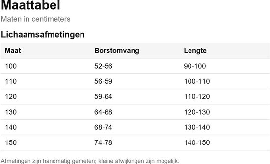 Maattabel met lichaamsafmetingen in centimeters, van maat 100 tot 150 voor borstomvang en lengte.