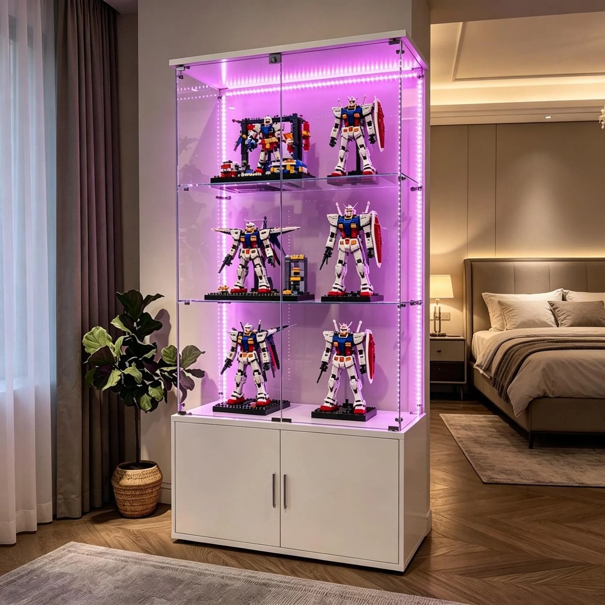 Glazen vitrinekast met LED-verlichting en kastje – 4 planken vitrinekast van gehard glas – grote display kast / wandvitrine voor verzamelobjecten, LEGO en decoratie – 164 × 78,5 × 35 cm – Wit