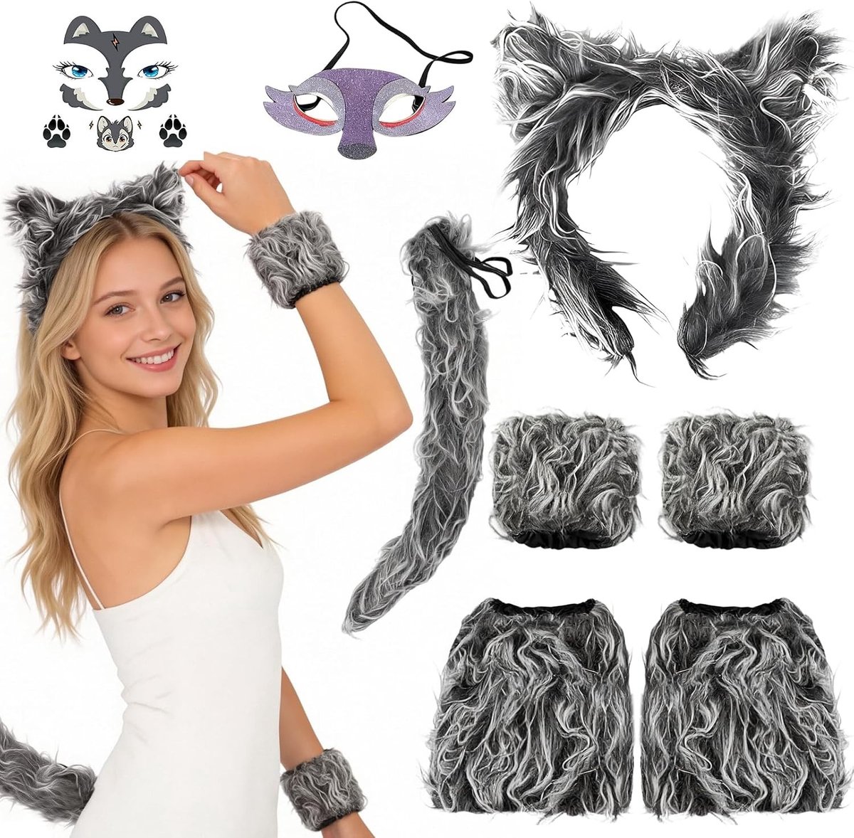 Furry Wolf Kostuum voor Kinderen - 8 Delig Met Oren, Staart, Masker en Handschoenen voor Halloween en Verkleedfeest
