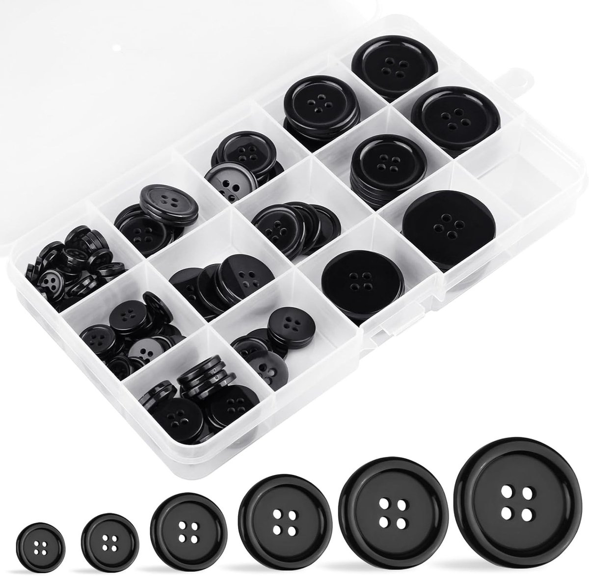 120 Stuks Zwarte 30/25/20/15/12.5/10mm Ronde Houten Knopen met 4 Gaten voor Kleding, Naaien en Creatieve Projecten, Inclusief Opbergdoos