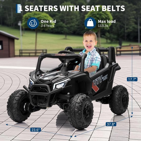 Zwart kinder UTV met jongen, 1 zitplaats met veiligheidsgordel, 3-8 jaar.