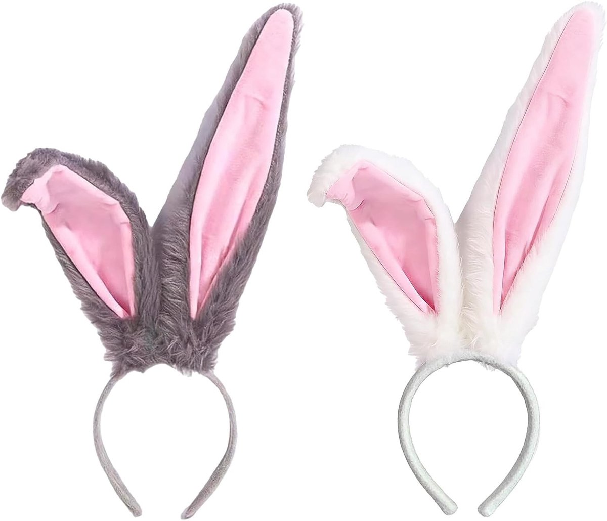 Set van 2 Grijze en Witte Konijnenoren Haarbanden voor Volwassenen - Perfecte Accessoire voor Pasen, Carnaval en Cosplay Decoratie