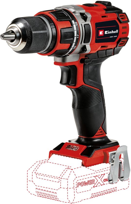 Einhell accu boor-/schroefmachine, rood en zwart, met snelspanboorkop en Power X-Change indicatie.