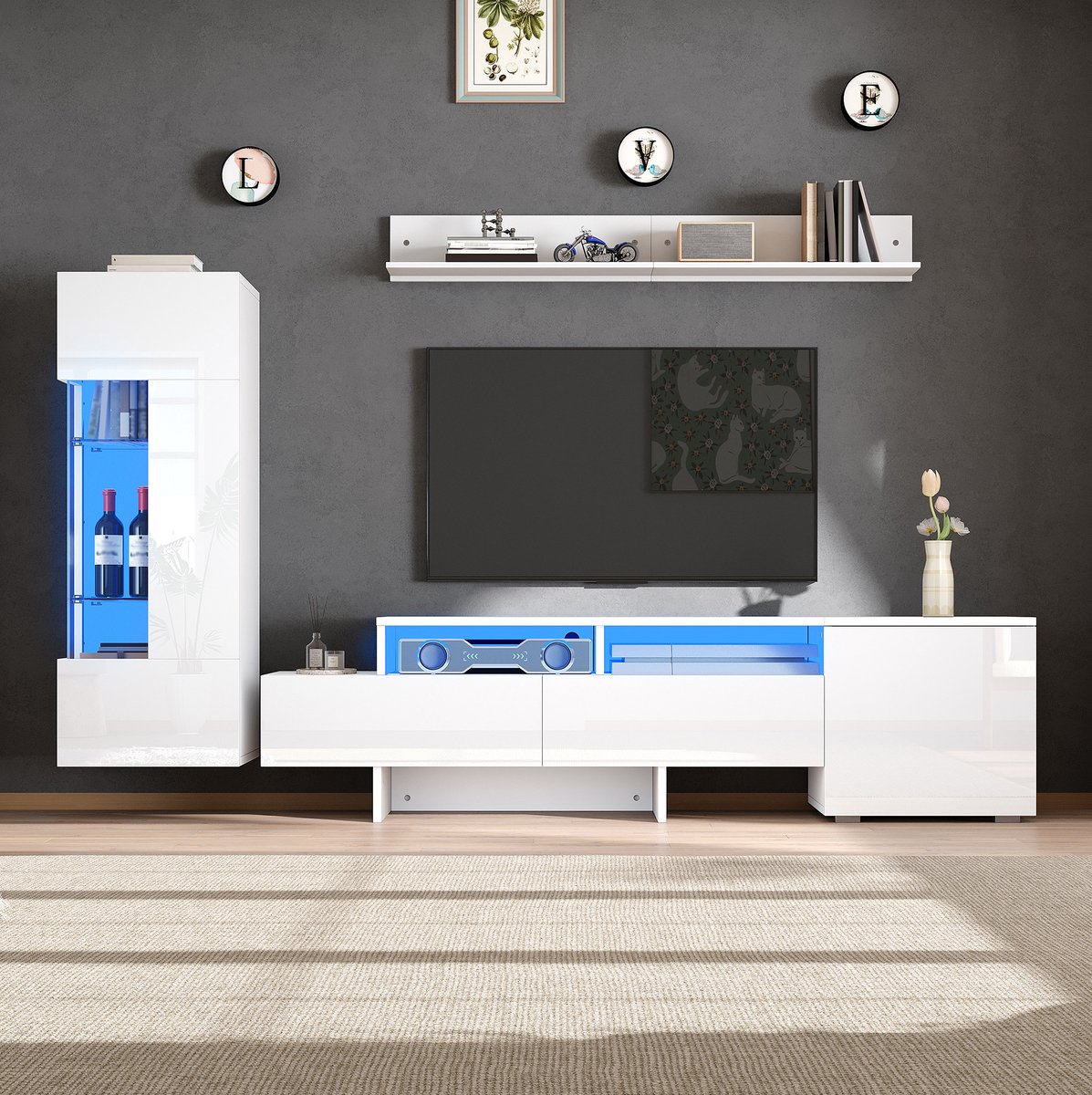 MEUNIQ 3-delige TV-meubelset met LED-verlichting, hoogglans tv-kast met 2 lades, wandkast met glazen planken en wandrek voor woonkamer, wit