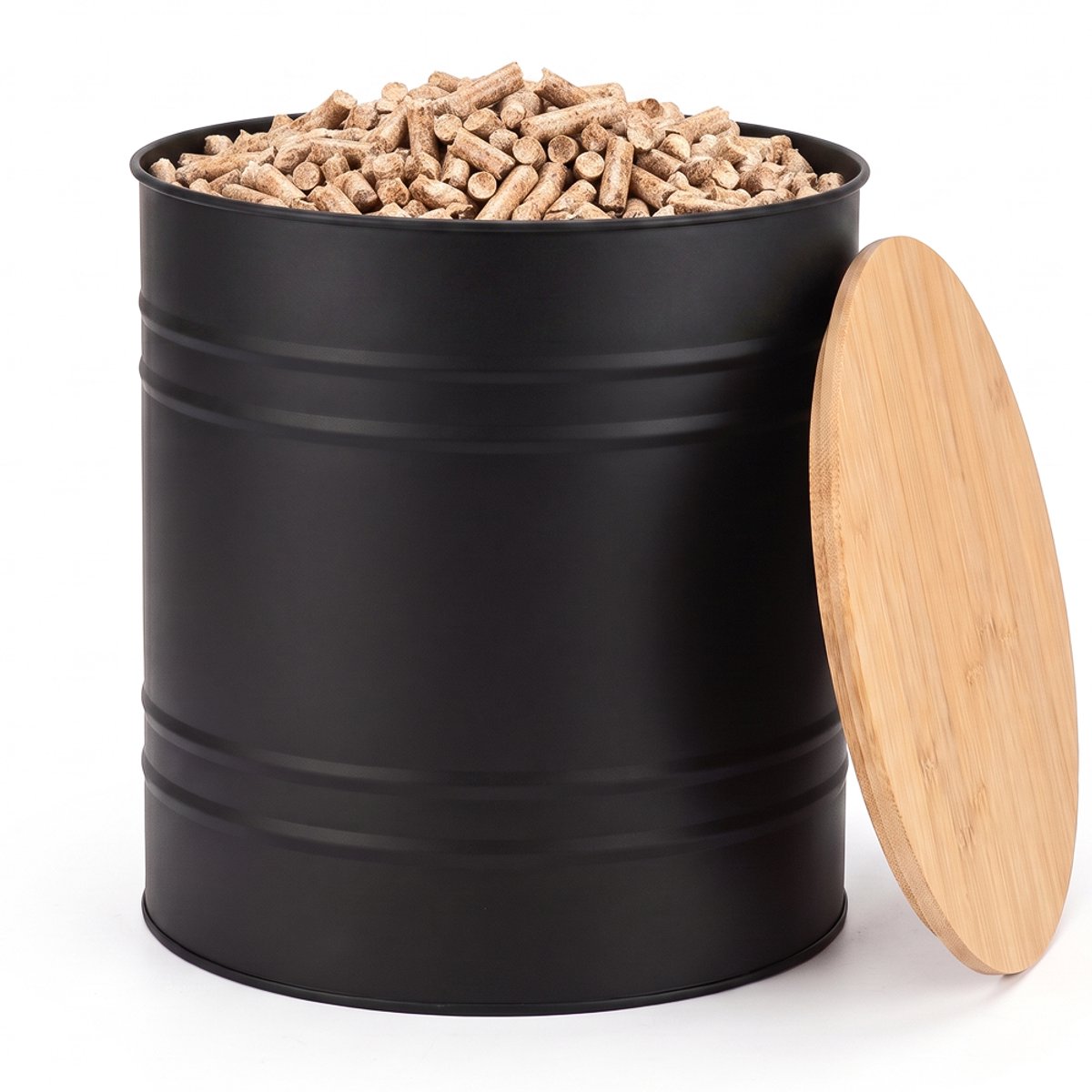 CASABEL Ronde Pellet- & Houtkorrelbak, Cap. 15kg, Zwart Metaal, Bamboedeksel, Compact en stijlvol, voor Kachel