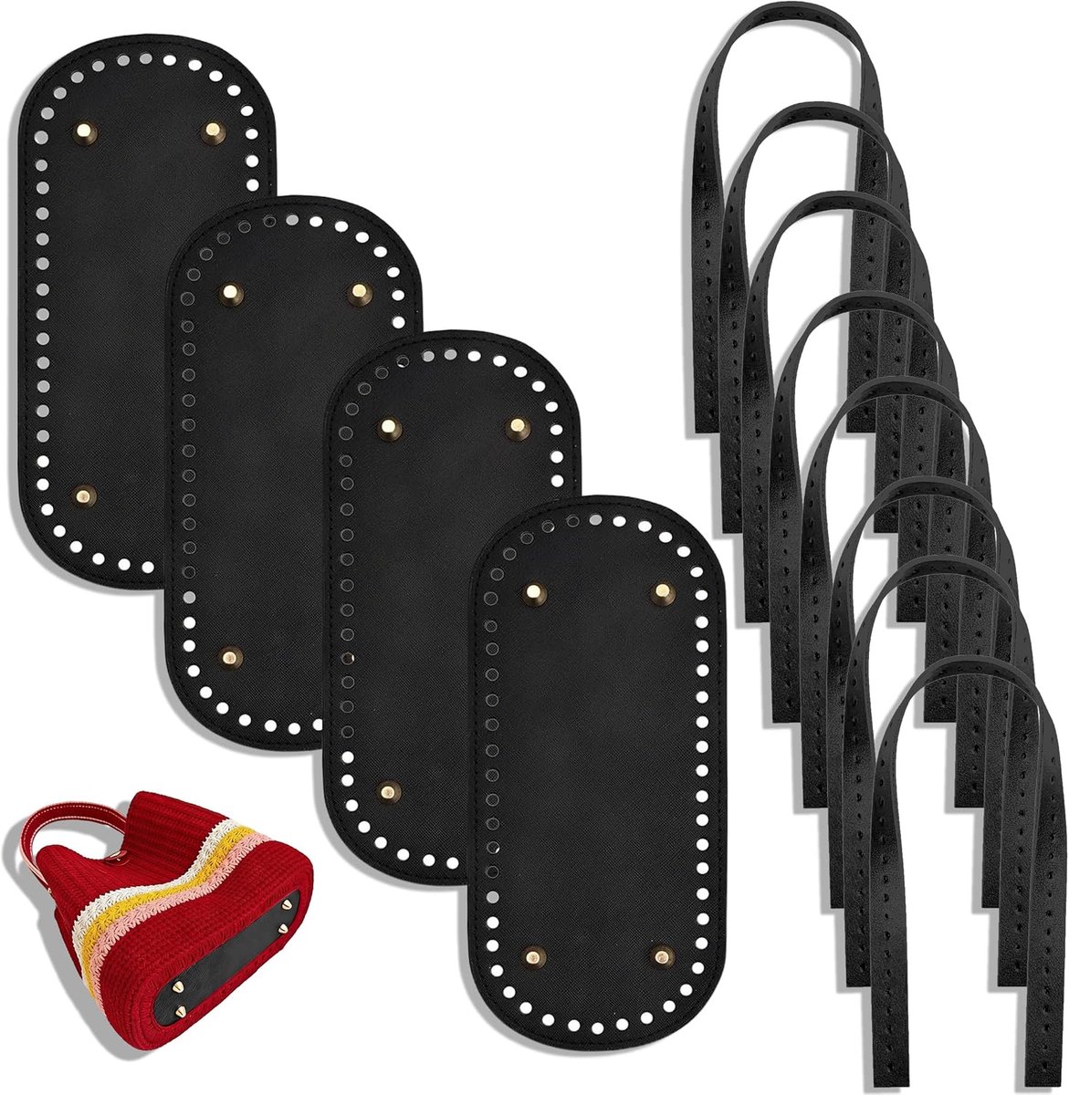 4 Stuks Zakbodem om te Haken, Zwarte Ovale PU Lederen Tas Bodem, Zakbodem met Gaten Onderkant van de Tas met PU-Handgrepen voor DIY-Haaktassen
