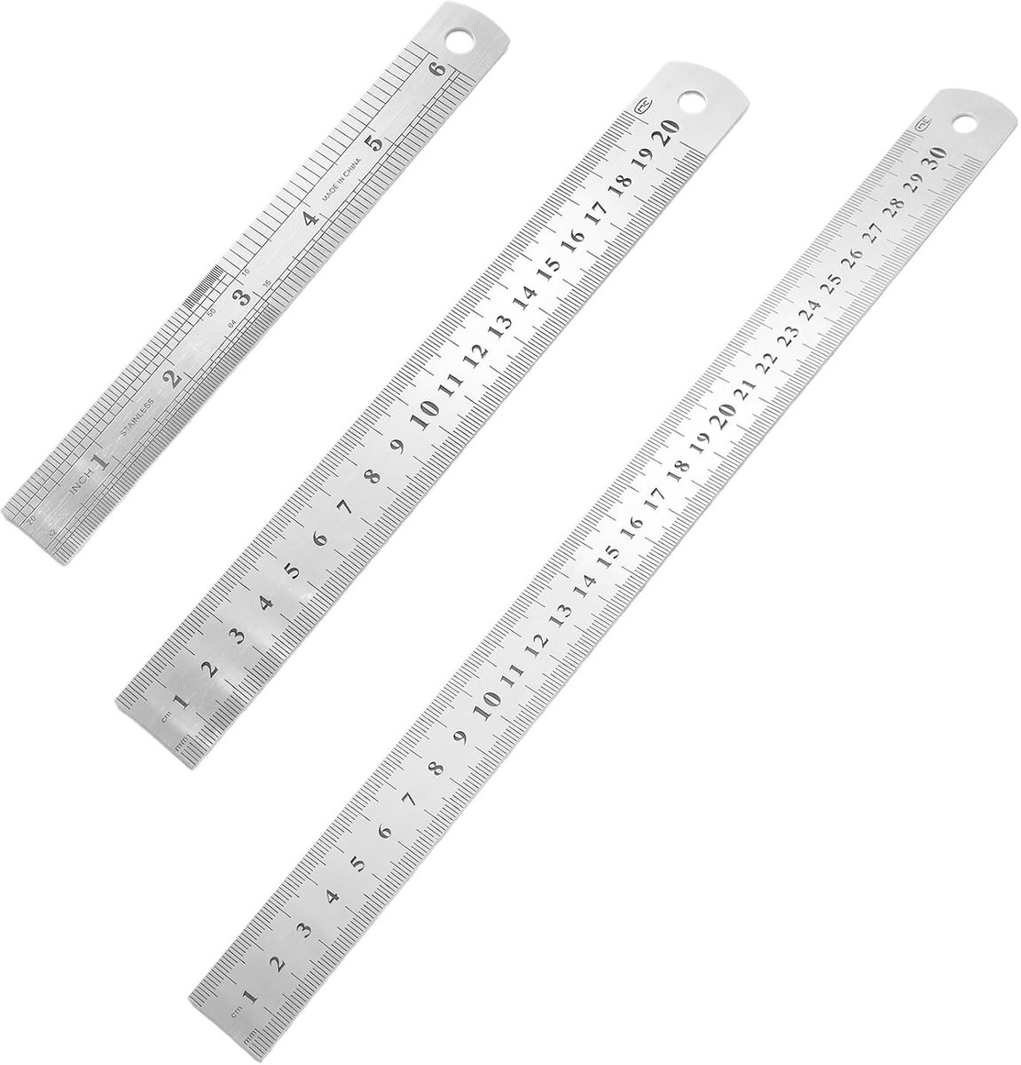 Linialen, 3-delige set, 15/20/30 cm, dubbelzijdige schaal, nauwkeurige stalen liniaal voor school, kantoor, thuis, engineering en handwerk, robuuste liniaal van metaal, nauwkeurig meten