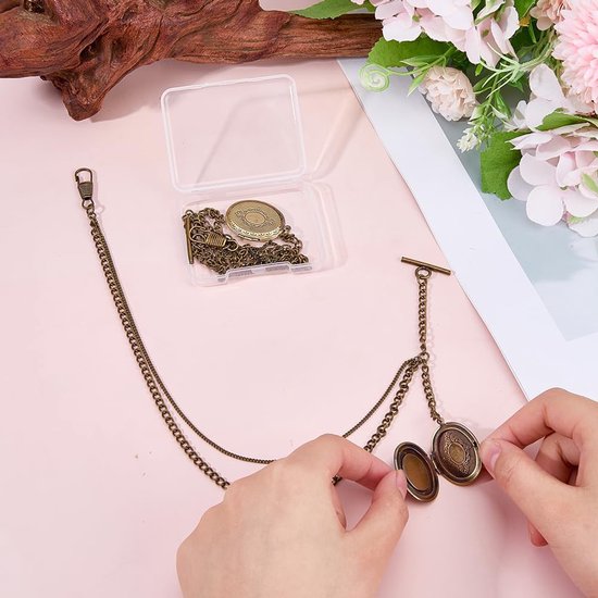 2 stuks zakhorloge kettingen messing enkele Albert ketting met medaillon hanger pak portemonnee kettingen T bar mannen zaklink antiek brons vintage Albert ketting met T-bar, lengte: 35,3 — afbeelding 5