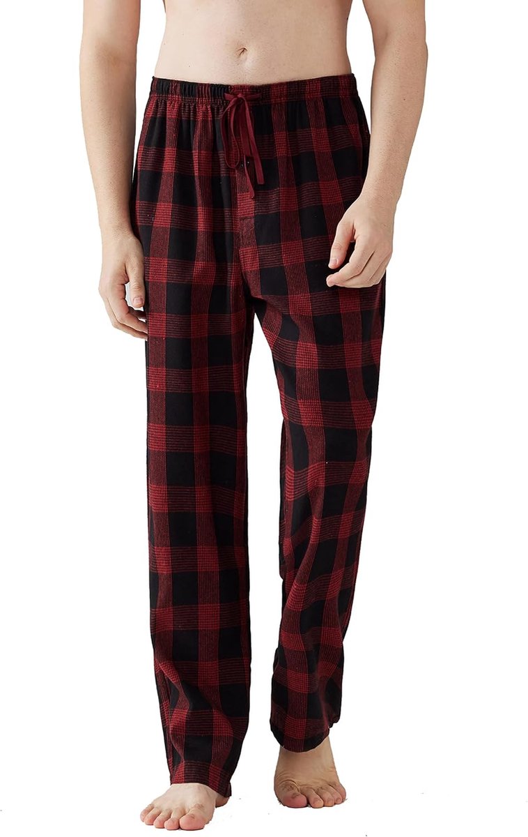 Pyjama voor heren, flanel, katoen, geruite slaap- en loungebroek, pyjamabroek met zakken en knoopgulp