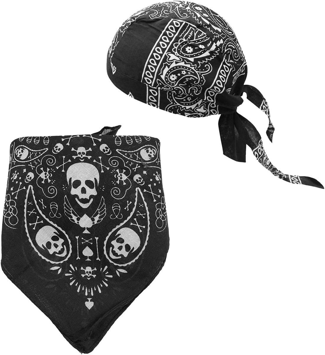 1 sjaal met schedel en 1 hoed, vintage vierkante sjaal, gepersonaliseerde sjaal, kledingaccessoires, multifunctionele sjaal., Zwart, M