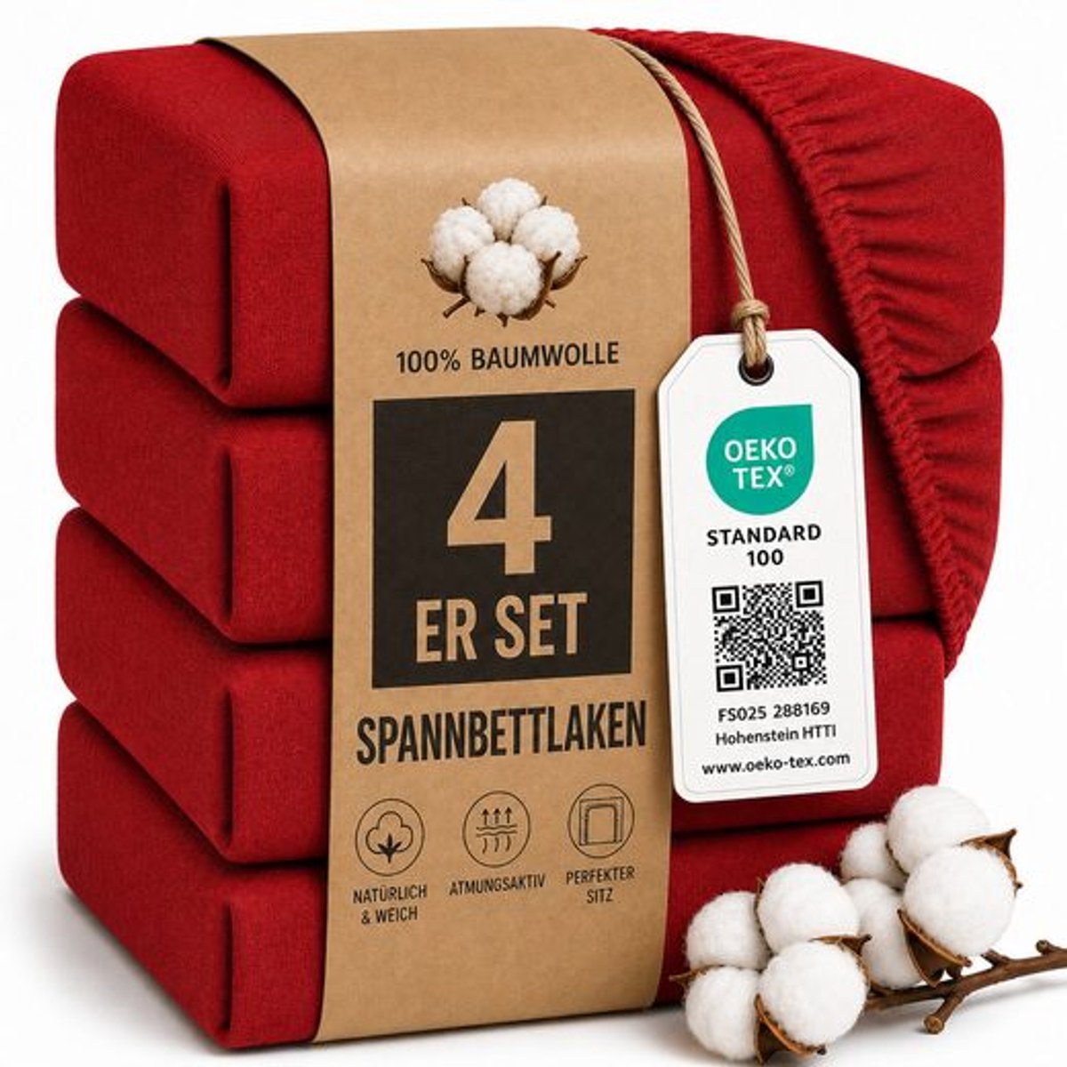 Komfortec Jersey Stretch 4-delige Hoeslaken Set 160x200 cm, 23 cm Matrasdikte, Rondom Elastiek, 100% Katoen, Rood