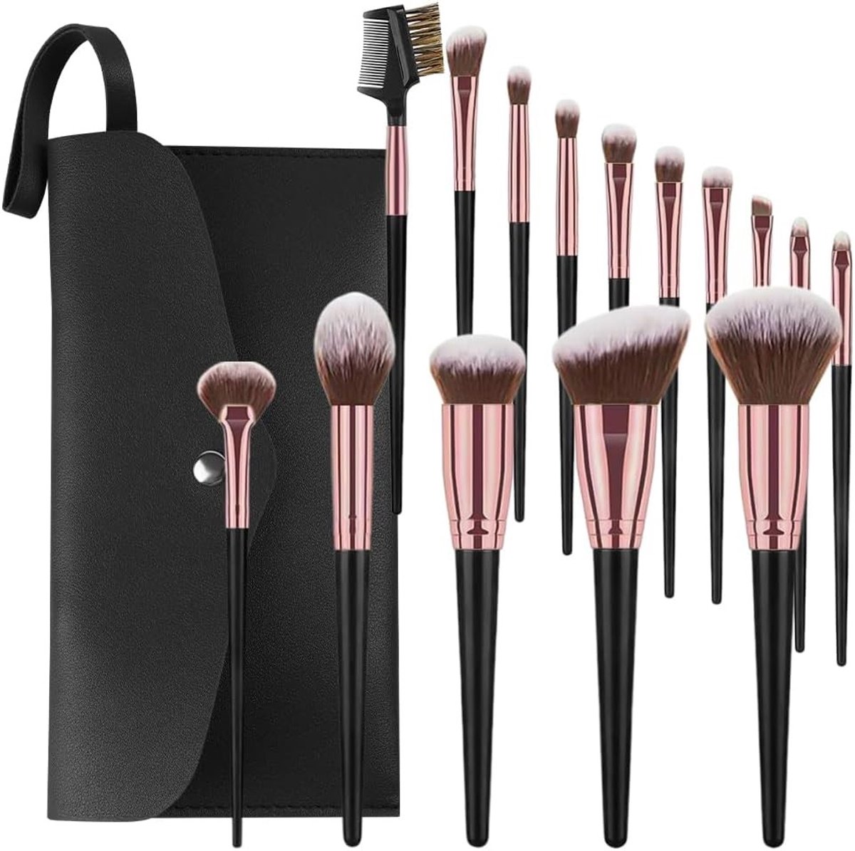 Professionele Make-up Borstels Set van 15 Stuks met PU Leren Tas en Poeder Puff, Perfect voor Foundation, Oogschaduw en Blush
