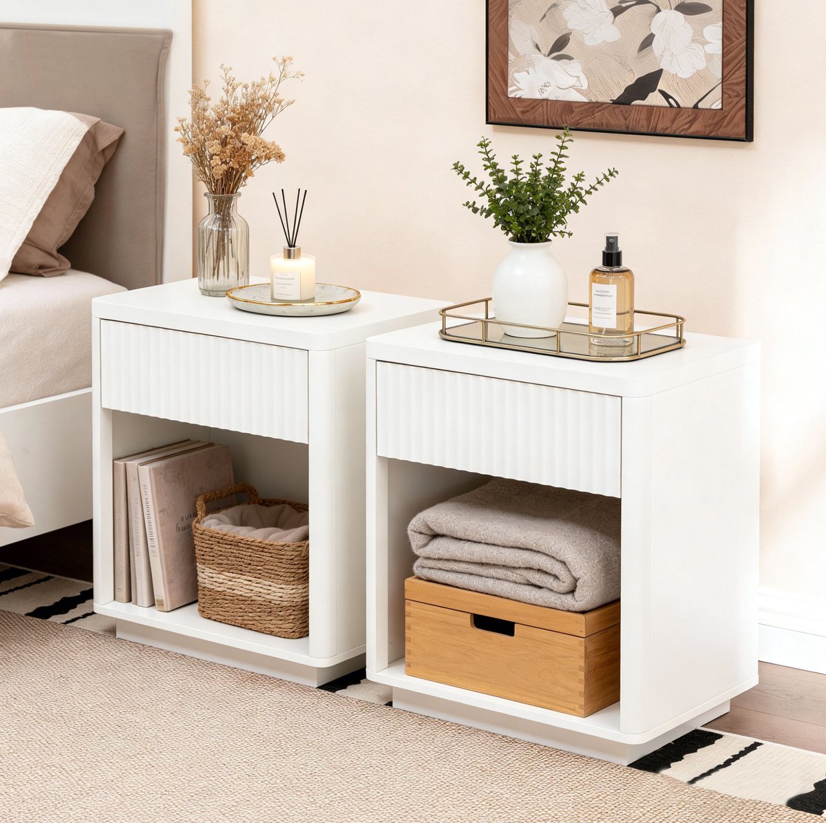 MEUNIQ Set van 2 nachtkastjes met lade en open vak, 55 x 40 x 63,5 cm, wit MDF, geribbeld ontwerp voor slaapkamer en woonkamer
