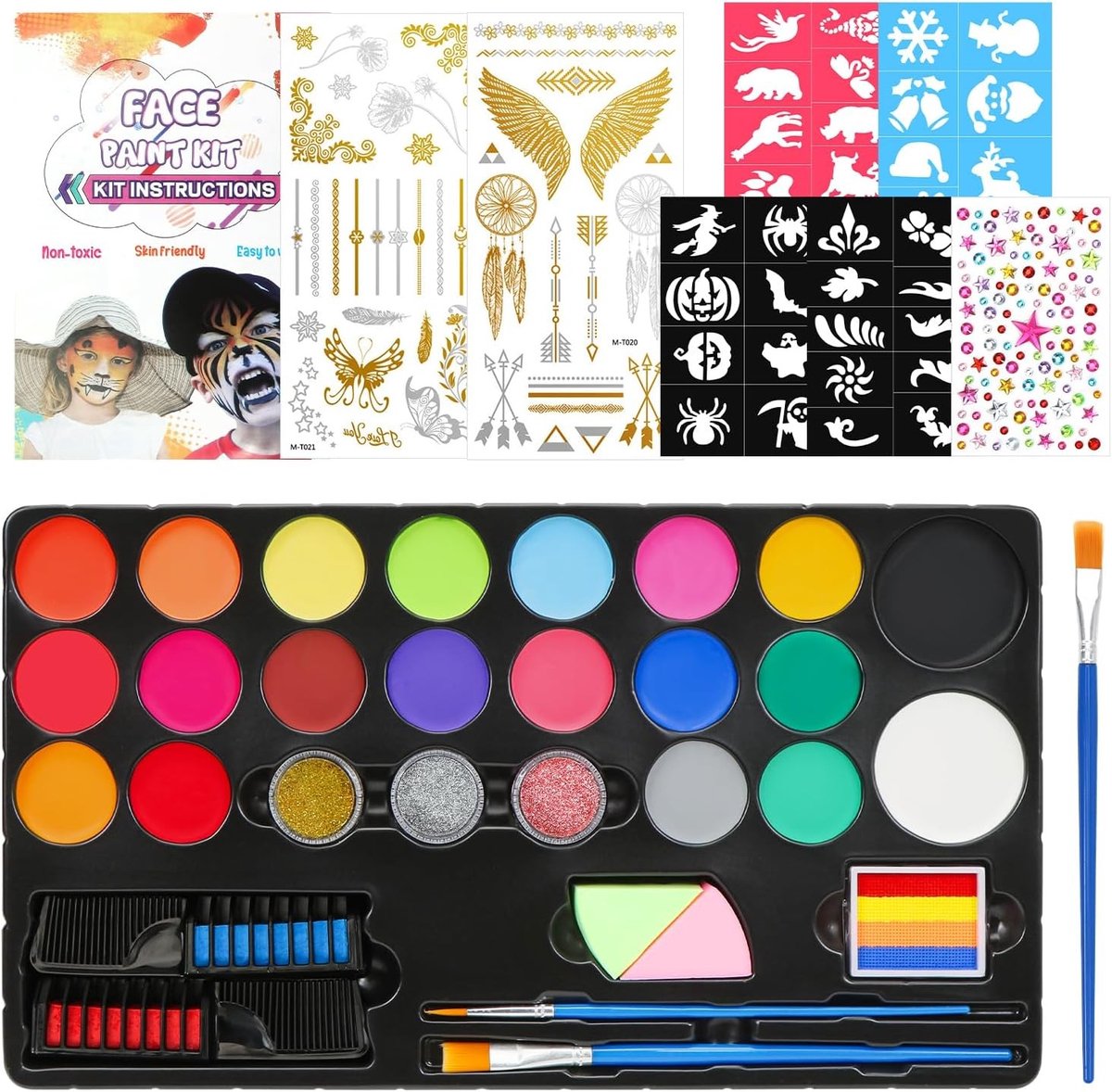 Complete Make-upset voor Kinderen met 20 Kleuren, Waterbasis, Perfect voor Halloween, Carnaval en Cosplay